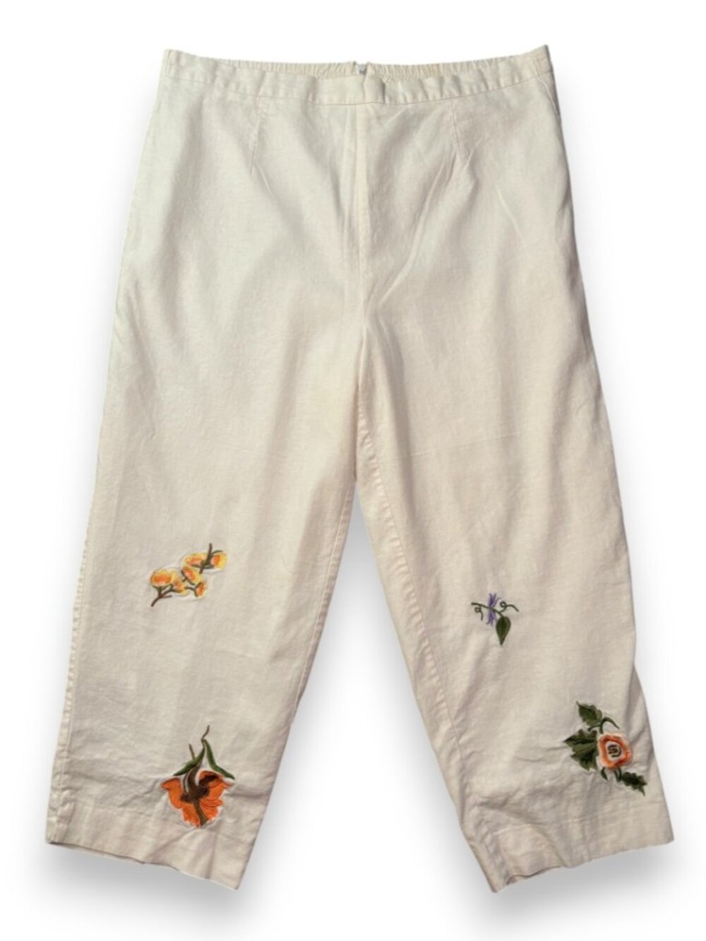R&K Originals Cream Capri Trousers Vtg Linen Floral Embroidered 14 Petite 14P